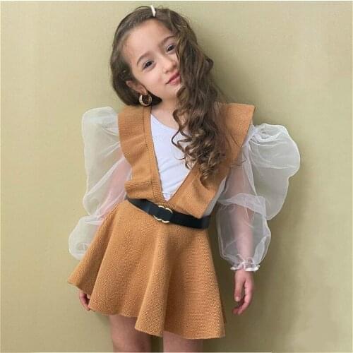 2Pcs Kids Girls Autumn Winter Clothes Sets Children Mesh Puff Long Sleeve Tops + Ruffle Suspender Sweater Dress Baby Outfit 1-7Y