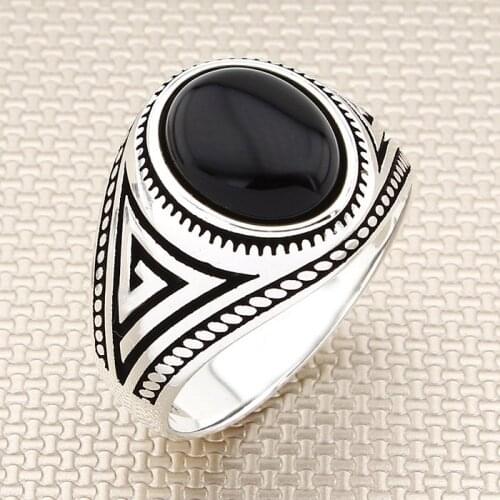 Oval Black Onyx Stone Men Silver Ring With Symmetrical Motif Made in Turkey Solid 925 Sterling Silver