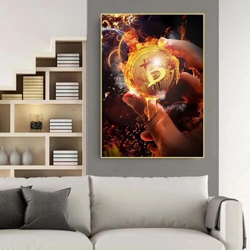 Poster Burning Bitcoin Painting Canvas Art and Prints Nordic Style Modern Oil Living Room Decoration Wall Picture