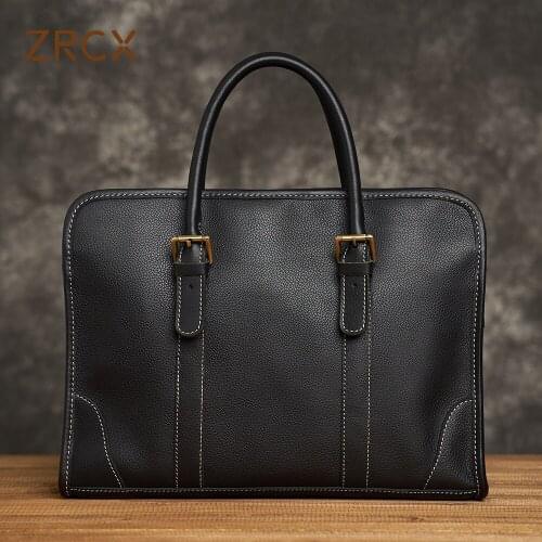 ZRCX Business Briefcase Men Shoulder Handmade 100% Genuine Leather Bag Black Laptop Business Bags Handbags Casual High Quality