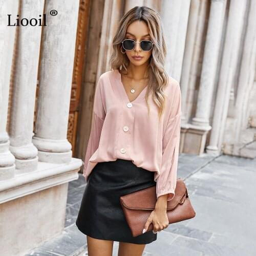 Casual Loose Elegant Shirts Women 2020 Button Up Long Sleeve V Neck Female Autumn Office Lady Solid Color Blouses And Tops