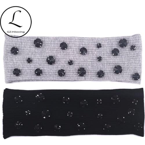 Vintage Black Rhinestones ribbed Headbands For Women ladies Solid color Soft Stretch Cotton Head Wrap Bands Party turban Gifts