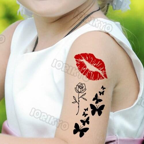 Sexy Red Lips Flower Temporary Tattoo For Kids Boys Girls Adult Small Rose Butterfly Tattoos Sticker Fake Tatoos Arm Neck Face