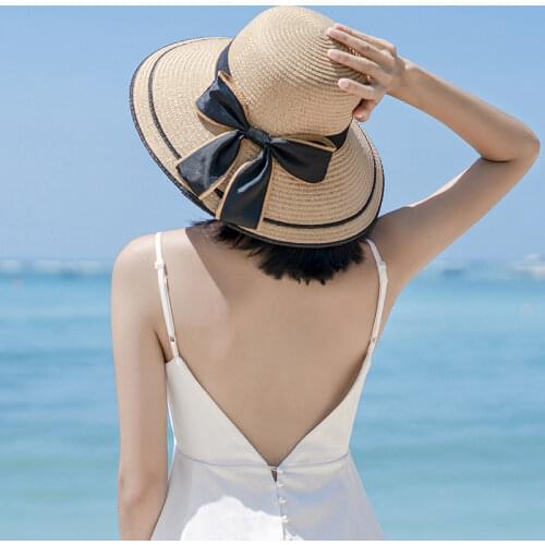 Fashion big bow beach hat Summer female sun sunscreen all-match sunshade hat Seaside beach straw hat