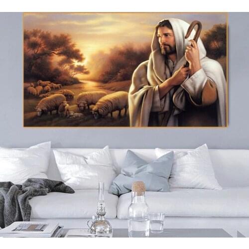 Modern Jesus Herding The SheepOil Painting on Canvas Cuadros Posters and Prints Scandinavian Wall Art Picture Home Cuadros Decor