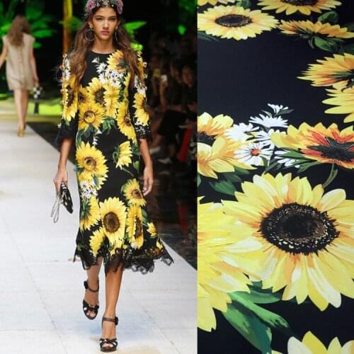 145cm*100cm European designer printed fabric sunflower pattern summer fashion polyester sewing skirt fabric imitation silk satin