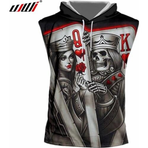 UJWI Black Tank Top With Hood Mens Print Queen And King Poker Skull 3d Tank Tops Shirt Man Hip Hop Sleeveless Hooded Pullovers
