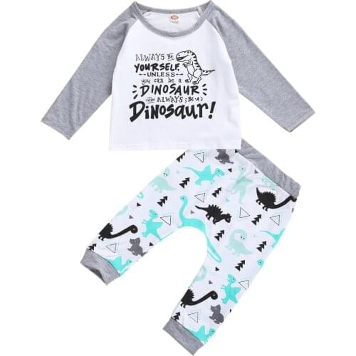 Spring and Autumn Toddler Baby Boy Girl Long Sleeve Top Letter Printing + Dinosaur Patterns Pants Set