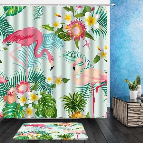 2pcs Set Flamingo Shower Curtains Tropical Plants Leaf Flowers Beautiful Bird Pattern Bathroom Hanging Curtain With Flannel Mat