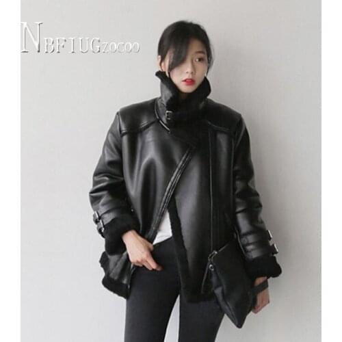 2020 Locomotive Pu Leather Winter Women Coat Lining With Imitation Lambswool Thick Female Jacket