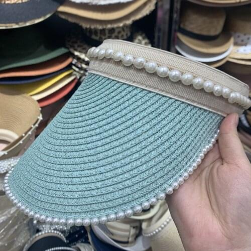 2021 New Women Summer Sun Straw Visor Wide-brimmed Pearl Hat Beach Hat Adjustable UV Protection Female Cap Viseira Packable