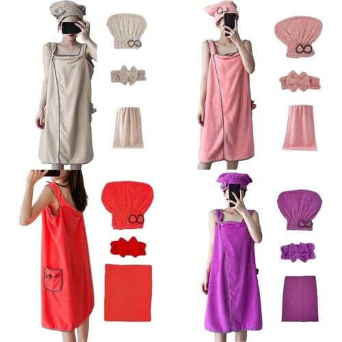 Womens 4pcs Absorbent Coral Velvet Microfiber Spa Bath Wrap Cover Up Set Soft Fleece Bathrobe Shower Towel Tube Dress with Y8AB