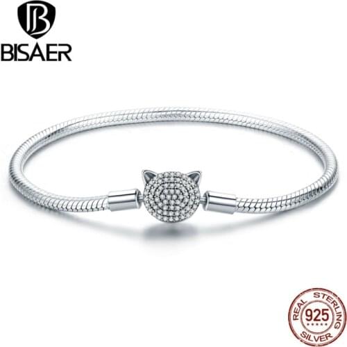 100% 925 Sterling Silver Lovely Animal Naughty Cat Silver Snake Clasp Charm Bracelets Women Bracelet Girl Fashion Jewelry