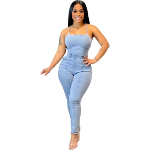 2021 New Summer Casual Sexy Backless Bandage Jeans Denim Jumpsuit Playsuit Fashion Back Lace Up Romper Overalls One Piece Outfit