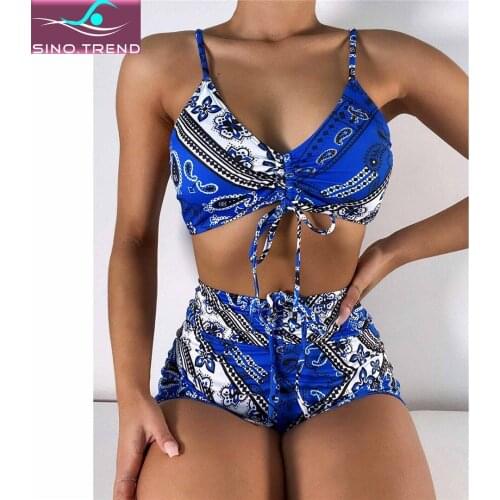 Blue Printed Female Shorts Swimsuit High Waist Bikini Set 2021 Women Split Swimwear Two-pieces Bathing Suit Swim Sportwear