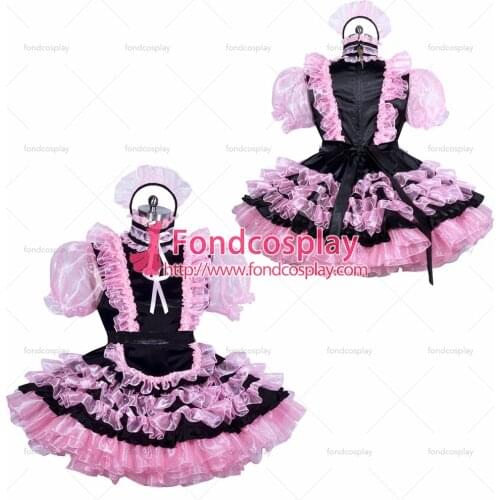 Fondcosplay adult sexy cross dressing sissy maid short French lockable black satin pink organza dress unisex Tailor-made[G3898]
