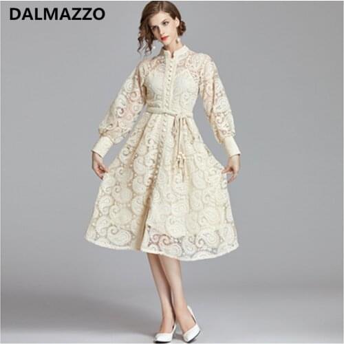 High Quality Lace Embroidery Women Fashion Lantern Sleeve Belt Dress Femme 2020 Newest Lady Single-breasted Big Size Long Dress