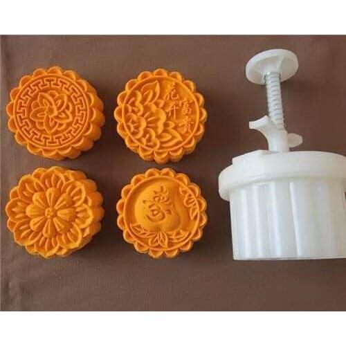 125g Chinese round shape flower design Mooncake mung bean cake Molds mould with 4 Stamps plastic hand pressure , 50sets/lot