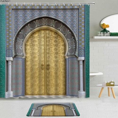 2Pcs Moroccan Arches Shower Curtain Retro Architecture Old Style Door Bathroom Non-Slip Bath Mat Hanging Curtains Set Washable