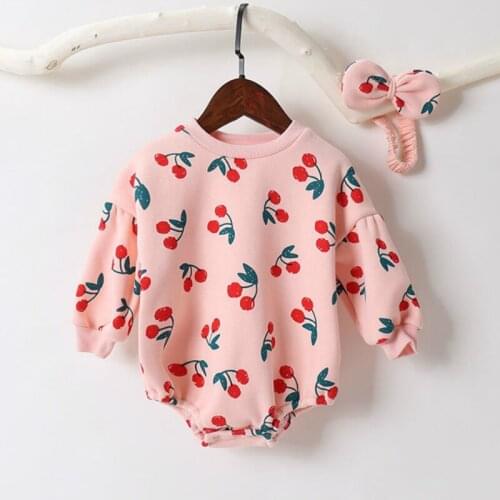 2020 New Cute baby Newborn Baby Cherry Girl Clothes Set Long Sleeve Hoddies Romper +headband Clothes Autumn Winter Wear 0-18m