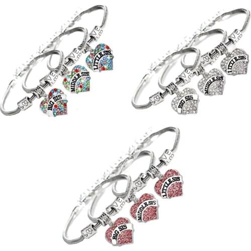3Pcs/set Trendy Colorful Crystal Sister Love Heart Charms Bracelet Beads Chain Bangle Family Bracelets For Family Jewelry Gift
