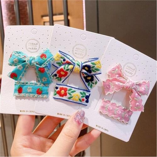 4/6pcs/Set Cotton Print Girls Bows Hair Clips Flower Embroided Hairpin Fruit Barrette Kids Girls Hair Accessories Headdress