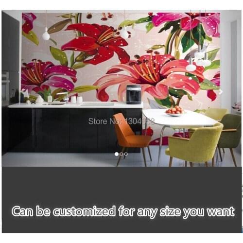 Free shipping custom large living room sofa bedroom wall mural wallpaper background Red and Pink Illustrated Flowers Mural