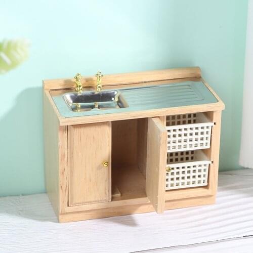 1:12 Wooden Dollhouse Furniture Basin Sink Cupboard Cupboard Cabinet Simulation Furniture Toys