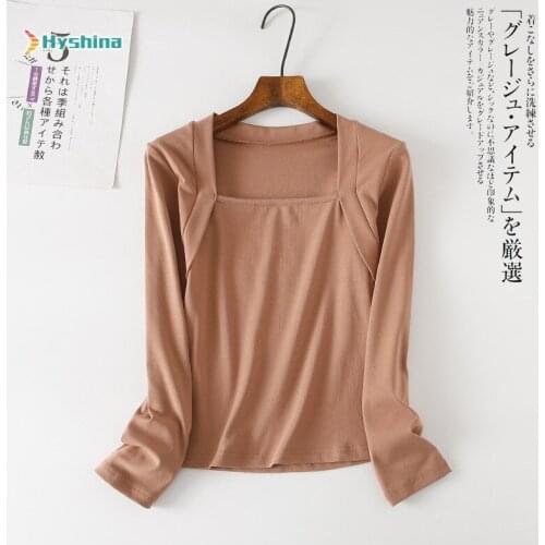 Womens Long Sleeve Antique Fake Two Piece T-shirt T-shirt Brick Red Square Collar Bottomed Shirt