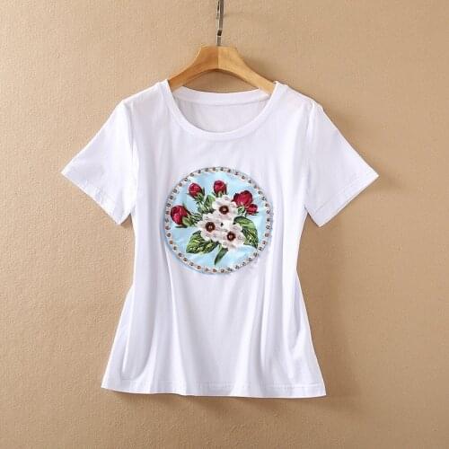 European and American womens wear for spring 2021 Fashion T-shirt with short sleeves, floral print and beaded