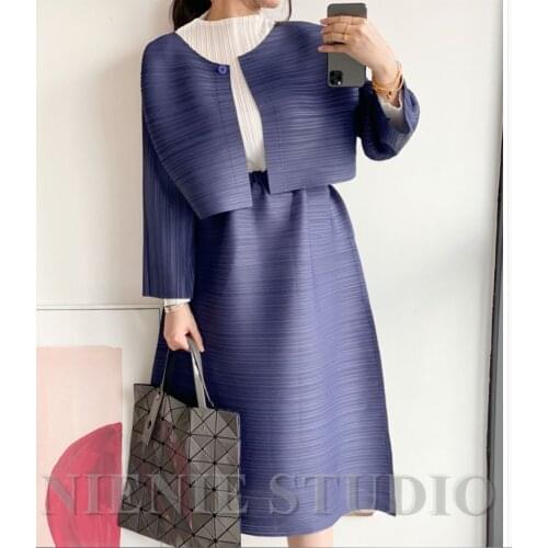 HOT SELLING Miyake fold fashion word long sleeve o-neck short coat + Straight skirt solid two-piece suit IN STOCK