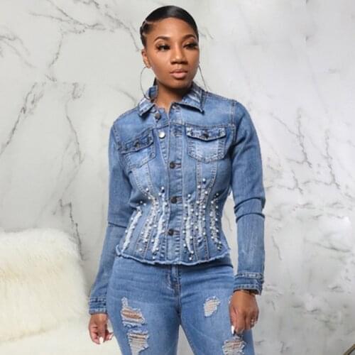 Short Denim Jacket Pearls Women Trendy Jeans Coat Beaded Female Outwear Crop Top Slim Fit Africa Outfits Streetwear Plus Size