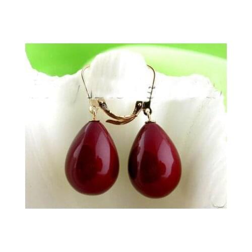 New Arrival Favorite Pearl Jewelry 20mm Red Color Rice Sea Shell Pearl 14K/20 Gold Hook Dangle Earrings Charming Lady Gift