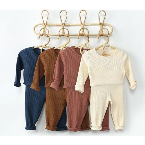 Spring And Autumn New Childrens Pajamas Baby Boys Long Sleeved Solid Color Pit Strip Home Service Suits Long Trousers Underwear