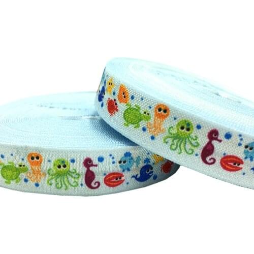 Octopus crab jellyfish turtle Print fold over elastic Underwater World FOE webbing Diy holiday party gift packing accessory 10Y