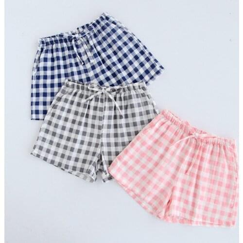 Pajama Shorts for Adults Women Men Sleepwear Plaid Cotton Gauze Pyjama Loose Casual Beach Shorts Femme Sleep Bottoms Home Wear