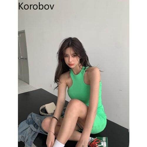 Korobov Women Sweatdress Sexy Halter Bandage Slim Mini Dresses 2021 New Chic Summer Knitted Dresses Korean Vestidos