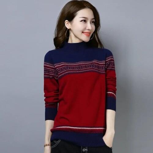 2021 New Autumn Winter Pullover Casual Womens Sweaters Loose Female Tops Turtleneck Stripes Long Sleeve Knitted Jumper Sweater
