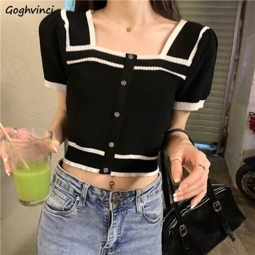 French Style Square Collar Knitting T-shirts Women Panelled Short Sleeve Cropped Tops Slim Princess Retro Button Outwear Temper