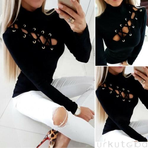 Womens Lace-Up Hollow Out T-Shirt Solid Color Long Sleeve Slim Fit Casual Tee Tops Wild Fashion Pullover Top for Spring Fall