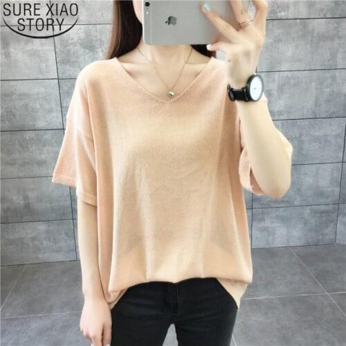 Women Blouse Short Sleeve 2021 Summer Long Knitted Blouses Bright Yarn V-neck Bottoming Long Shirt Great Stretch Ladies Tops