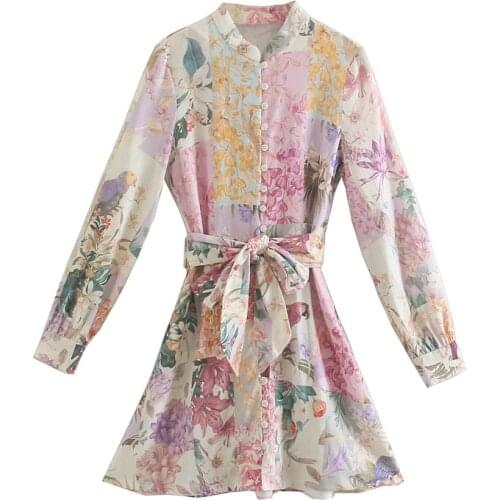 2021 Autumn New Fashion Women Long Sleeve Stand Collar Floral Print Bandage Button Shirt Dress Loose Casual Vestidos