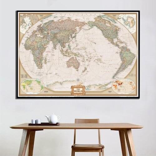 A2 Size HD Printed Vector Map World Physical Map Without Frame Fine Canvas Painting For Home Wall Decor