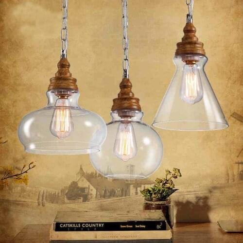 American country wood grain pendant lights Retro single head Mini Clear glass LED Lighting for Fixture Kitchen Bar Hotel Shop