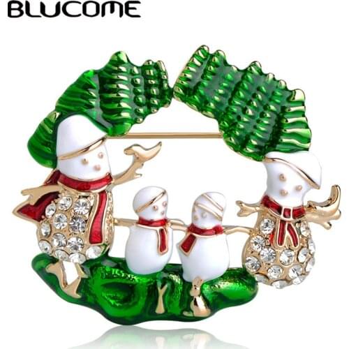 Blucome New Arrival Christmas Snowman Shape Brooches Full Crystals Green Enamel Alloy Brooch For Women Kids Party Gifts Jewelry