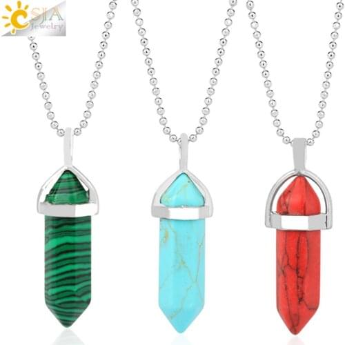 CSJA Bullet Shaped Pendants Necklaces Gem Stone Hexagonal Pillar Healing Pointed Charms Fashion Jewelry for Women Men Gifts E059