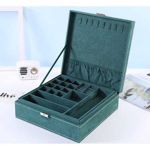 Large capacity dark green flannel flip jewelry box multilayer necklace ring hairpin finishing jewelry box jewelry storage box