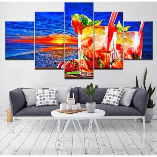 Canvas Painting sunset beach and drink Wall Art Pictures 5 Pieces Modular Wallpapers Poster Framework Print Home Decor