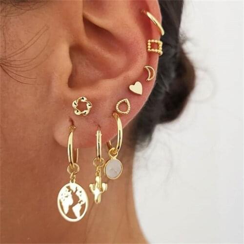 Golden Trendy Stud Round Earrings Set Punk Style Heart-shaped Temperament Stainless Steel Women Wedding Jewelry Stones