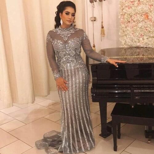 New Collection 2020 Luxury Rhinestone Full Sleeve Evening Dresses High Neck Gray Long Evening Gown MSHBLUE